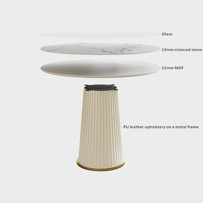 35.43" Round Dining Table for 2, Modern Sintered Stone Top Wood Circle Kitchen Table with PU Leather Iron Pedestal for Dining Room Kitchen, Dinner Living Room, Restaurant White