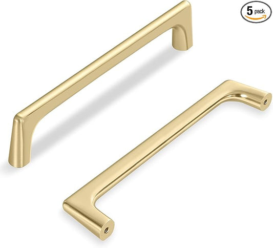 Lardmon Brushed Gold Modern Cabinet Pulls 5 Inch(128mm) Hole Center 5 Pack Timeless Drawer Pulls Vanity Pulls Classic Solid Kitchen Cabinet Handles Hardware for Dresser, 5.4 Inch(138mm) Total Length