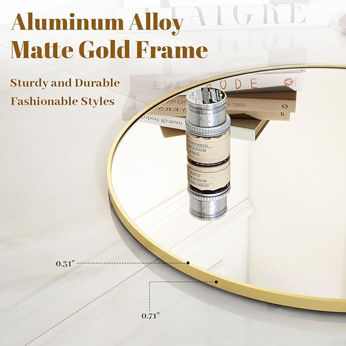 VooBang Gold Round Bathroom Mirror, 20 inch Circle Wall Mounted Hanging Mirror with Simple Modern Circular Metal Frame for Hallway, Entryway, Living Room, Gold Frame