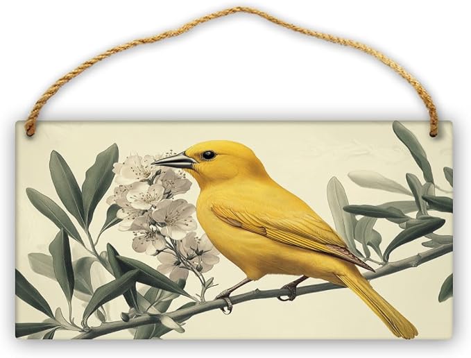 Artistic Retro Yellow Bird on Floral branches Wooden Wall Art, Botanical Home Decors for Vintage Lovers, 12x6 Inch Wood Sign to Add Charm to Your Study