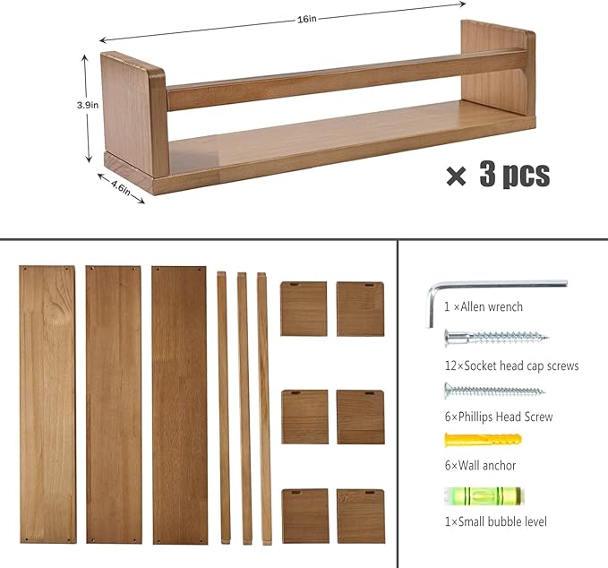 AZSKY Nursery Book Shelves for Wall Bookshelf for Kids Wood Floating Book Shelves16 Inch Wall Shelves for Living Room Bedroom Decor Kitchen Spice Rack Bathroom Storage Organizer Shelf Set of 3