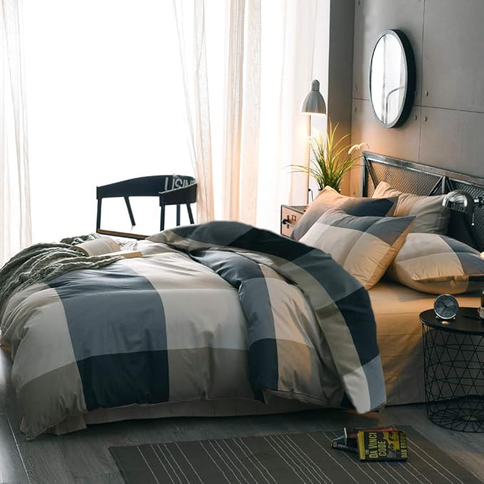 mixinni King Size Checkered Duvet Cover Set - 3 Piece Grey Geometric Cotton Bedding Set with Zipper Closure & Corner Ties, 100% Washed Cotton Soft Breathable Duvet Cover for Men, Women, Teens (King)