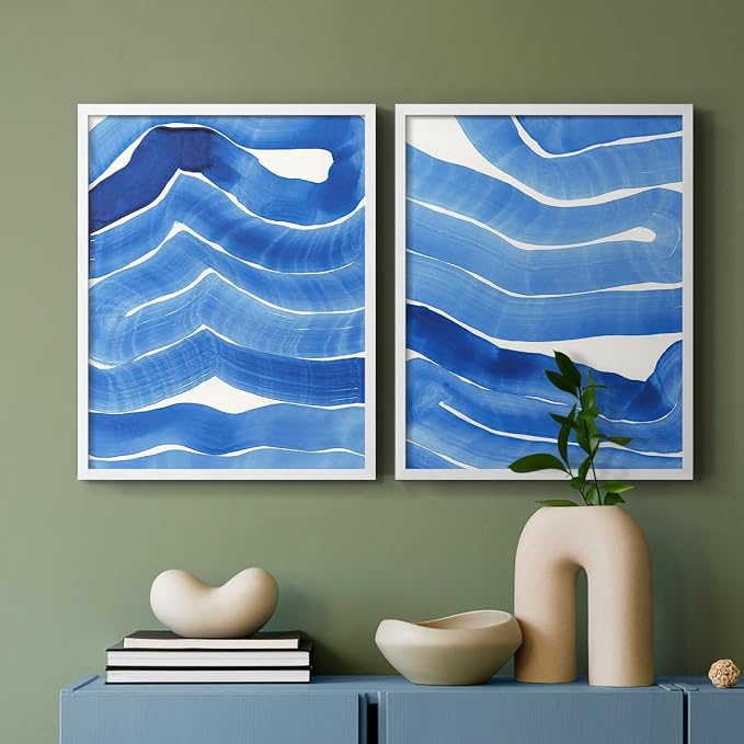 Renditions Gallery Set of 2 Peel & Stick Framed Prints, Watercolor Abstract Wall Art, Bold Brushstrokes in Shades of Blue Wall Decor, Re-Stickable - Ready to Hang - 8"x10" - White Frame LT588