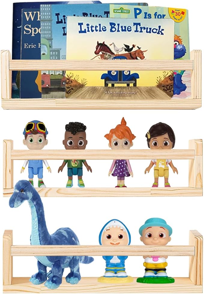 AZSKY Floating Nursery Book Shelves for Wall Set of 3, Wood Bookshelf for Kids Room, Small Bookshelf Wall Mounted for Baby Teen Boys Girls Bedoom Bathroom Decor Storage