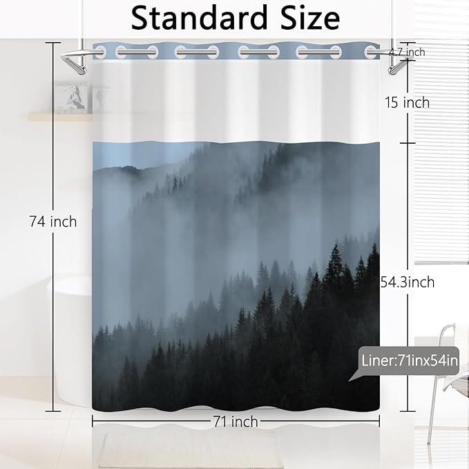 No Hook Forest Shower Curtain with Snap in Fabric Liner, Scenery Foggy Woodland Pattern, Blue Misty Forest Shower Curtains for Modern Bathroom, See Through Top Window, 71x74 Inch