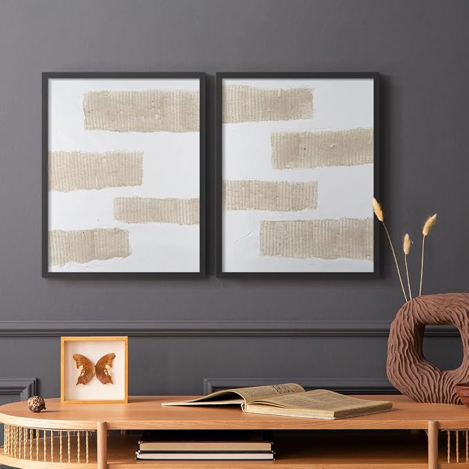 Renditions Gallery Set of 2 Peel & Stick Framed Prints, Modern Abstract Wall Art, Textured Brush Strokes Wall Decor, Re-Stickable - Ready to Hang - 8"x10" - Black Frame LT588