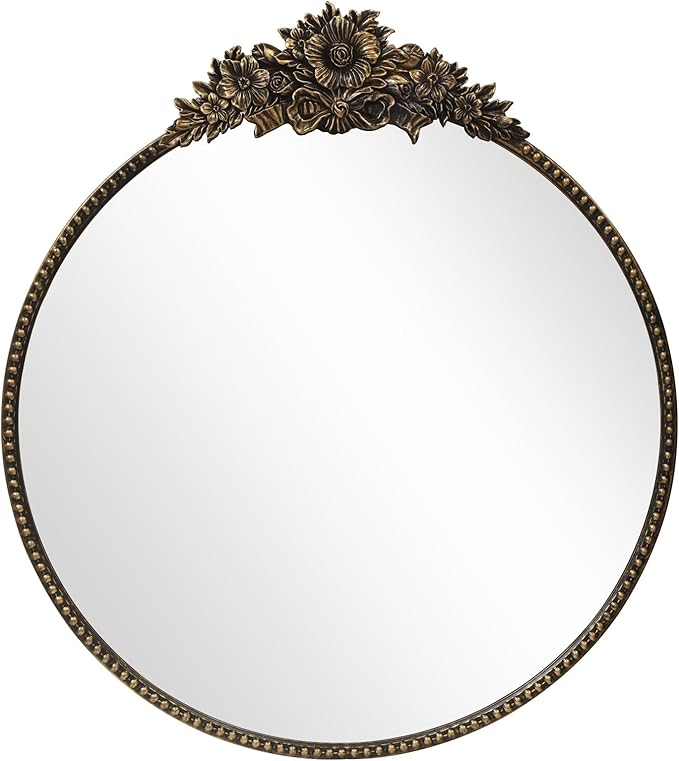 Vintage Round Mirror, 28" Baroque Style Circular Mirror, Antique Metal Frame Wall Mirror, Traditional Art Home Decor for Dressing Table, Bathroom or Bedroom,Retro Black