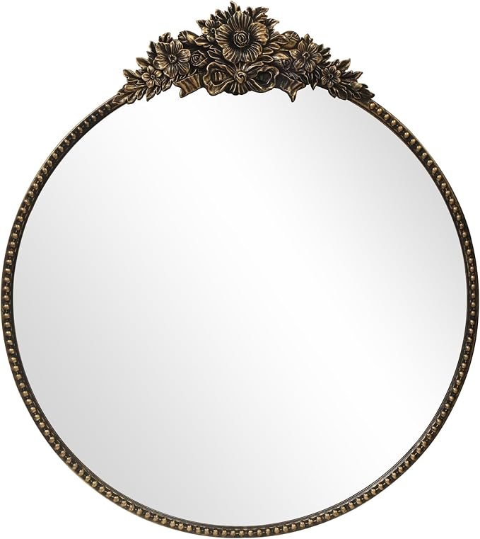 Round Baroque Style Antique Mirror, 24" Metal Circle Vintage Wall Mounted Decorative Mirror for Entryway,Bathroom,Vanity, Retro Black