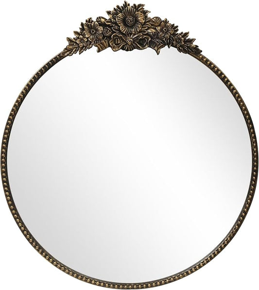 Round Baroque Style Antique Mirror, 24" Metal Circle Vintage Wall Mounted Decorative Mirror for Entryway,Bathroom,Vanity, Retro Black
