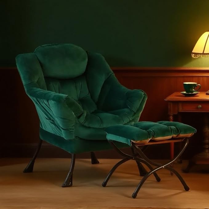 Tiita Lazy Chair with Ottoman, Green Modern Large Accent Chair, Comfy Leisure Sofa Armchair with Ottoman, Reading Chair with Footrest for Bedroom, Living Room, Dorm Rooms, Velvet Green