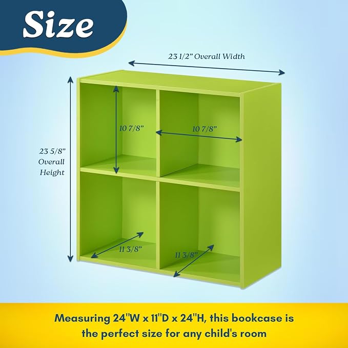 Kings Brand Furniture George 4-Cube Storage Organizer, 2-Tier Bookcase with Wood Shelves for Living Room, Bedroom, Nursery, or Home Office (Green, 1-Pack)