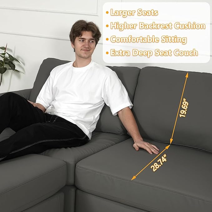 EASE MOOSE Oversized Modular Sofa with Deep Seat,Leather Sectional U Shaped Couch for Living Room,Comfy Scratch Resistant Faux Leather Material,Modern Sofas with Ottoman,Grey