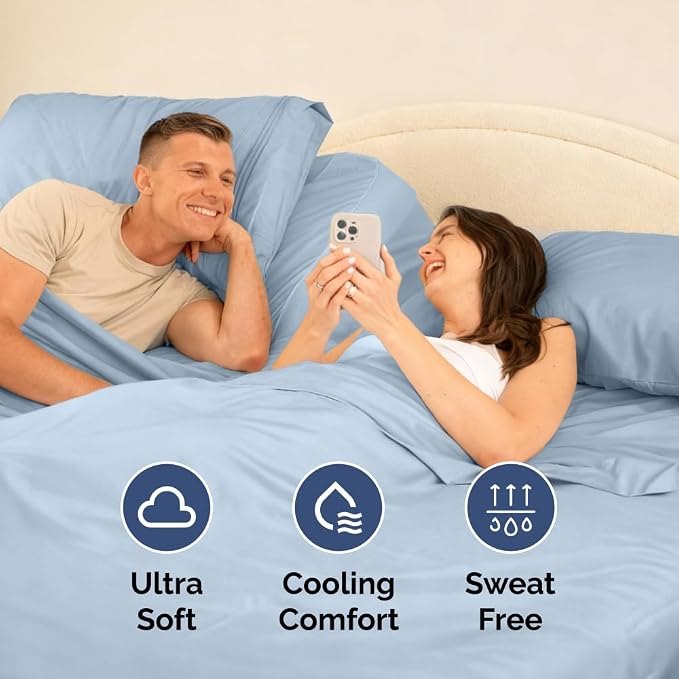 Flex Top Split Head King 4 Piece Sheet Set - Soft, Breathable & Cooling Bed Sheets Set - Hotel Luxury Bedding for Women & Men with Deep Pockets - Wrinkle Free & Fade Resistant - Oeko-Tex - Sky Blue