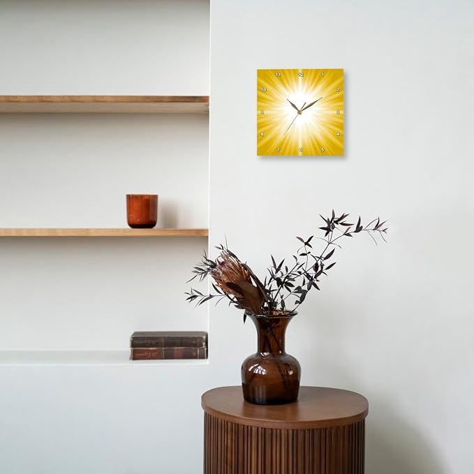 3D Rose DPP_213812_3 3dRose White Sun Burst on A Yellow Background - Wall Clock, 15 by 15"