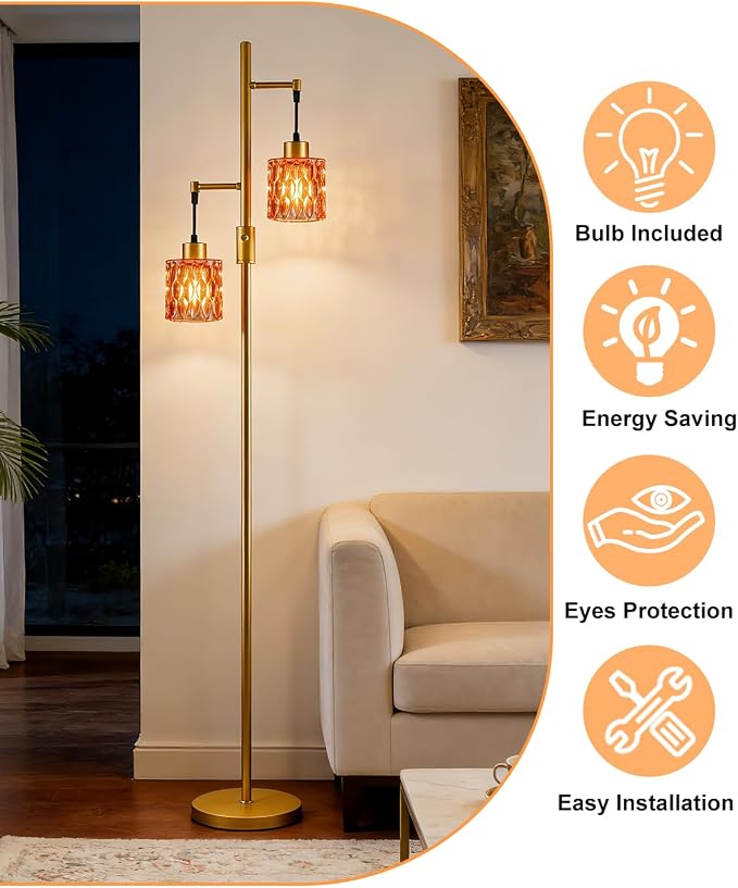 2-Light Glass Floor Lamp, 65IN Tall Standing Lamps Dimmable with Rose Red Glass Lampshade, 3000K Warmwhite Mid Century Modern Floor Lamp with 5Lbs Heavy Base for Living Room/Bedroom