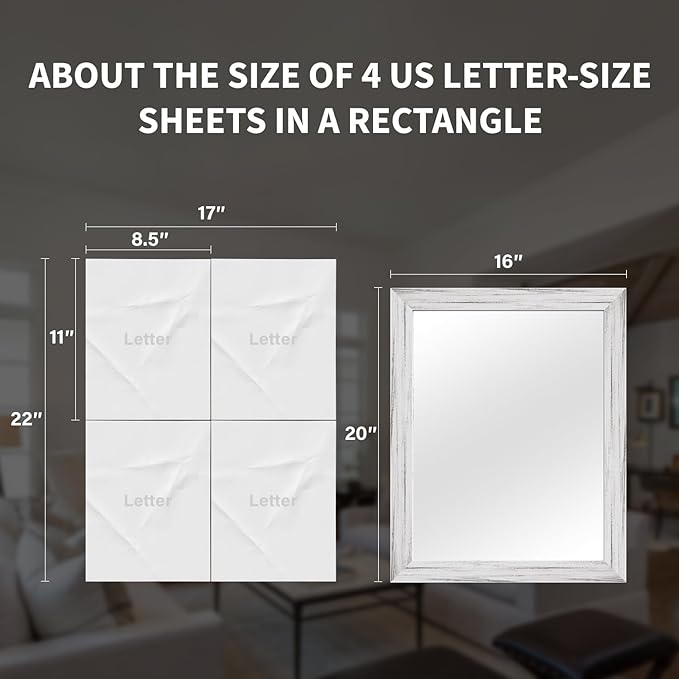 White Wood Effect Framed Wall Mirror, 16x20 Rectangle Mirror, 1/8" Anti-desilvering Tempered Glass, Sustainable& Sturdy Frame, Anti-Rust, HD Reflection &3min Fast Setup for Bathroom Living Room