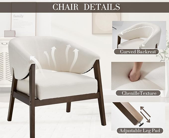 CIMOTA Mid-Century Modern Accent Chair, Comfy Barrel Armchair with Wide Seat, Upholstered Lounge Chair with Walnut Wood Legs for Living Room/Bedroom/Reading Corner, Chenille, Beige, 1PC