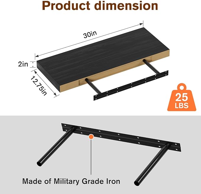 Floating Shelf, Set of 2 Wall Shelf, 30 in W x 12.75 in D x 2 in H Wooden Floating Wall Shelf with Invisible Brackets for Living Room/Bedroom/Bathroom/Kitchen Storage and Decor, Black Wood