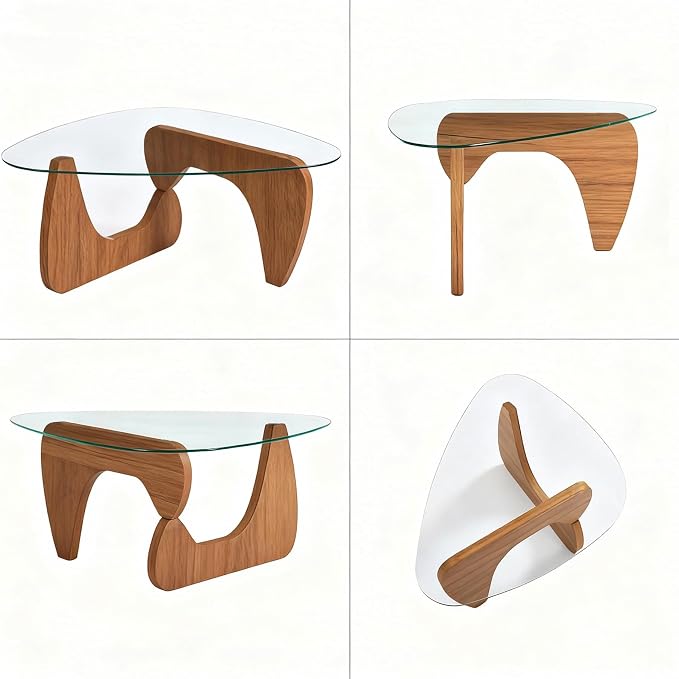 Modern Coffee Table for Living Room, Large Triangular Clear Tempered Glass Center Table with Adjustable Walnut Finish Wood Legs, 45" Mid-Century Abstract Design