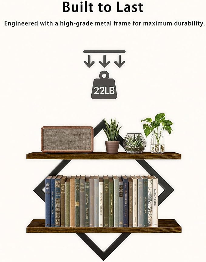 Geometric Floating Shelves Set of 2, Rustic Wall Shelves for Bedroom, Living Room & Apartment Decor, Wood & Metal Farmhouse Display Shelf for Plants, Picture Frames & Small Decor, 15 Inch