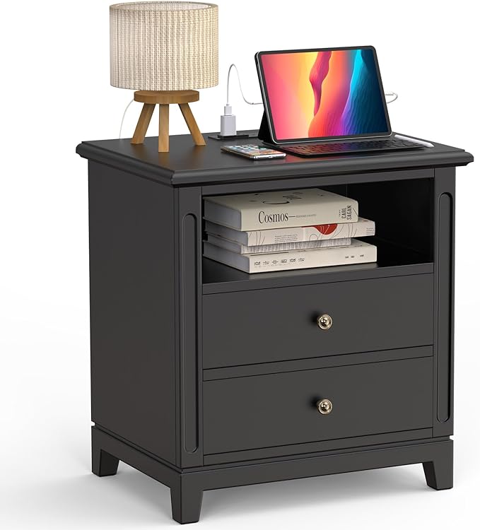 24" Wide Solid Wood Nightstand with Charging Station Set of 2, Farmhouse End Table with 2 Large Drawers & Open Shelf, Bedside Table with USB Ports and Outlets, Night Stand for Bedroom