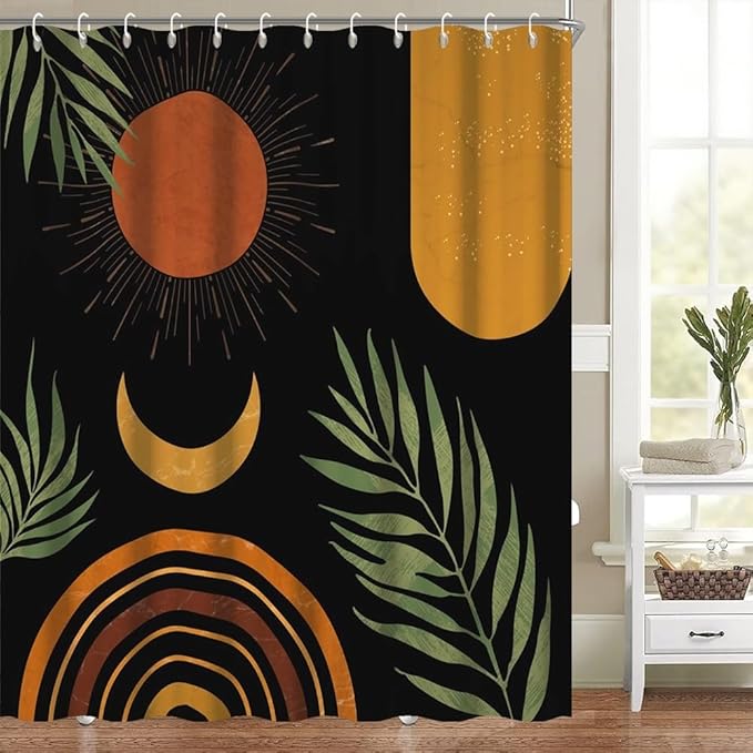 Black Mid Century Boho Shower Curtain for Bathroom Green Leaves Arch Sun Moon Shower Curtains Bohemian Abstract Bathroom Decor Set Washable Waterproof Polyester Fabric with Hooks 60x72 Inch