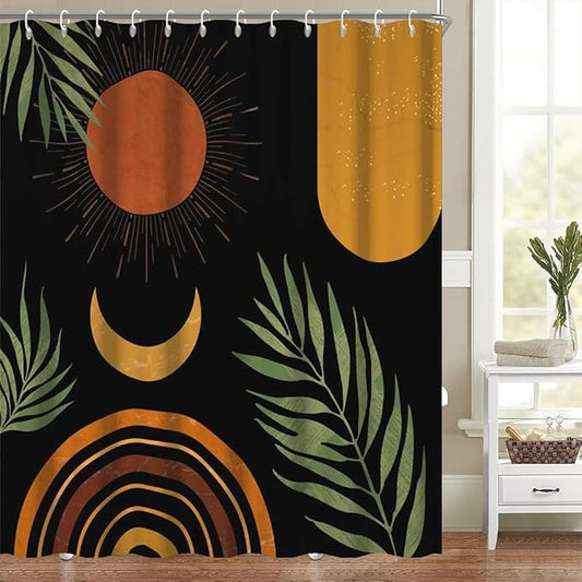 Black Mid Century Boho Shower Curtain for Bathroom Green Leaves Arch Sun Moon Shower Curtains Bohemian Abstract Bathroom Decor Set Washable Waterproof Polyester Fabric with Hooks 60x72 Inch