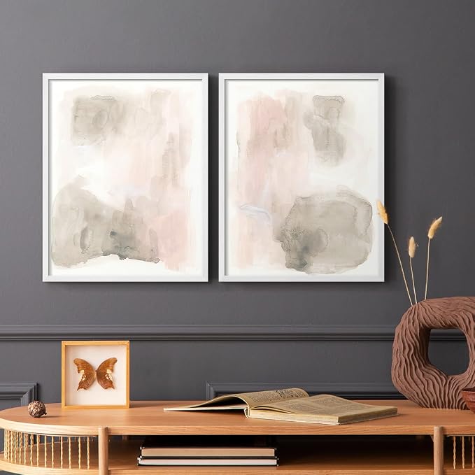 Renditions Gallery Set of 2 Peel & Stick Framed Prints, Watercolor Abstract Wall Art, Nude Color Neutral Aesthetic Wall Decor, Re-Stickable - Ready to Hang - 8"x10" - White Frame LT588
