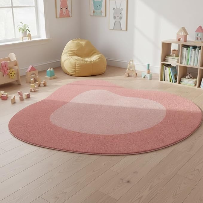 Cute Pink Irregular Rug 4ft Contemporary Aesthetic Abstract Shaped Rugs for Diningroom Living Room Bedroom Minimalist Modern Art Deco Nursery Playroom Dorm Non Slip Washable Low Pile Shaggy Carpet