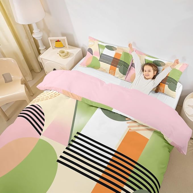 Erosebridal Pink Abstract Queen Comforter Cover for Kids Teens Girls | Colorful Geometric Duvet Cover Minimalist Circle Modern Bed Set Boho Contemporary Aesthetic Bedding Set
