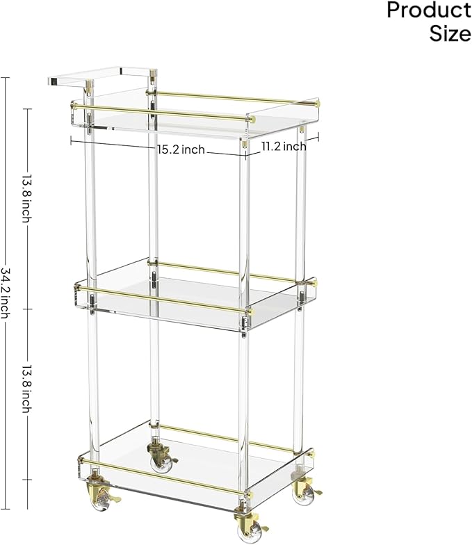 Eglaf Acrylic Bar cart - Small Bar Cart with Handle - 3 Tier Rolling Serving Cart with Gold Edge, Lockable Wheels - for Home Bar, Living Room, Kitchen, 15.2" L x 11.2" W x 34.2" H