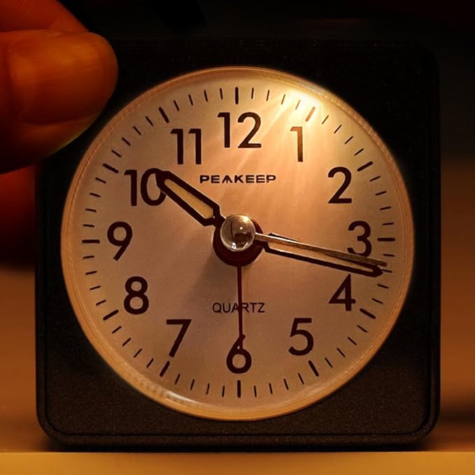 Peakeep Ultra Small, Battery Travel Alarm Clock with Snooze and Light, Silent with No Ticking Analog Quartz (Black)