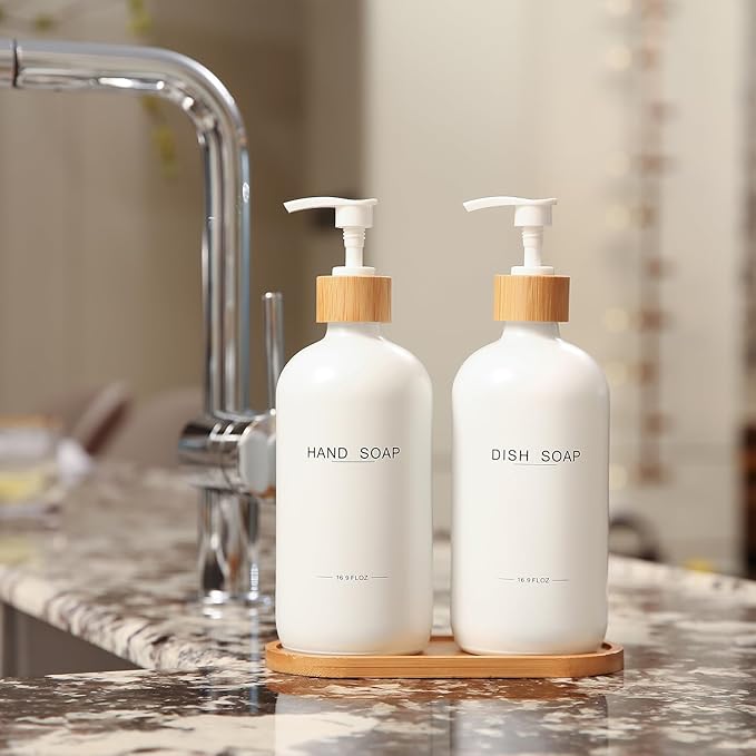 Kitchen Soap Dispenser Set, Hand and Dish Soap Dispenser for Kitchen Sink (White)