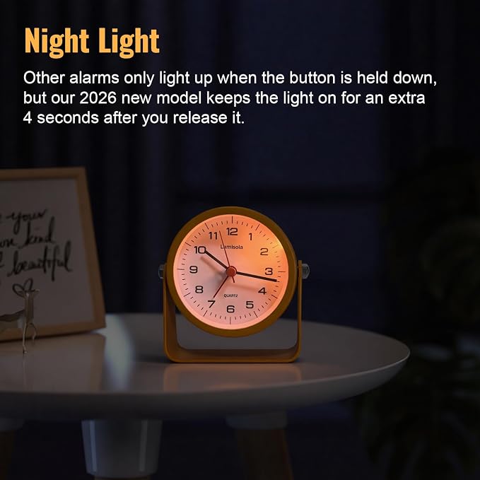 Lamisola 3.5 Inch Small Desk Alarm Clock, Battery Operated Analog Silent Clock with Night Light, Retro Vintage Metal Bedside Clock for Bedroom, Office, Bathroom, Dorm, Shelf, Table - Orange