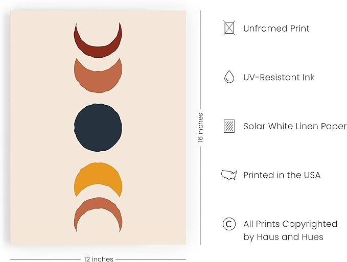 HAUS AND HUES Moon Phases Wall Art - Mid Century Boho Moon Poster, Celestial Prints, Modern Minimalist Decor for Bedroom, Living Room, Unframed 12x16