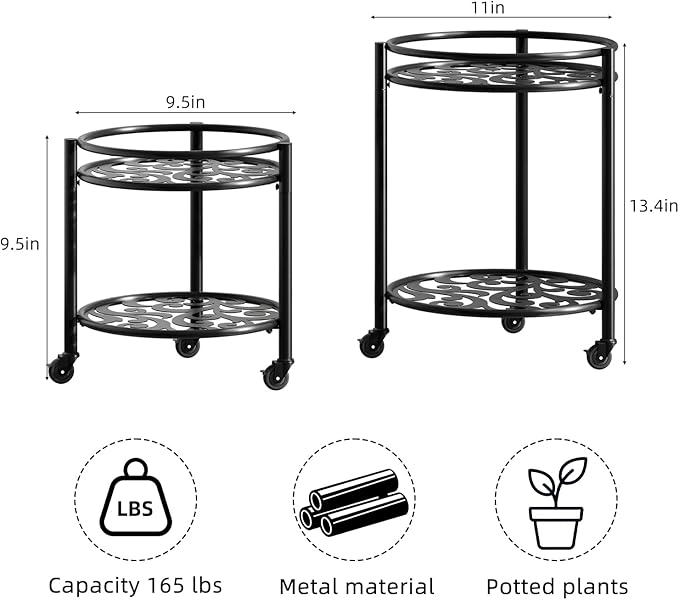 2 Tier Rolling Plant Stand with Wheels, Mid Century Modern Metal Stand for Planters, 2 Sizes 9 Inch & 11 Inch, Indoor Outdoor Movable Flower Pot Holder for Decor Home Garden Patio Load Bearing 165 LB 2 Pack Black