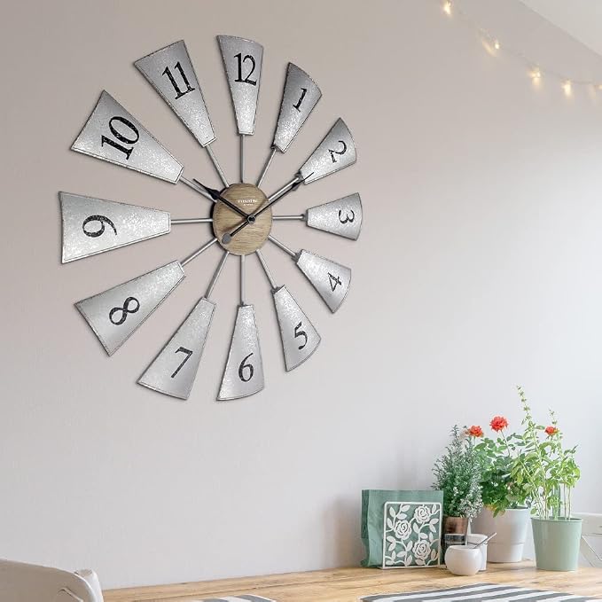 Presentime & Co. 24" Lorenzo Farmhouse DIY Windmill Clock, Indoor/Outdoor Clock, Silent no Ticking, Wall Décor, Wall Art and Timepiece for Home Decoration, Galvanized and Light Gray Oak Finish