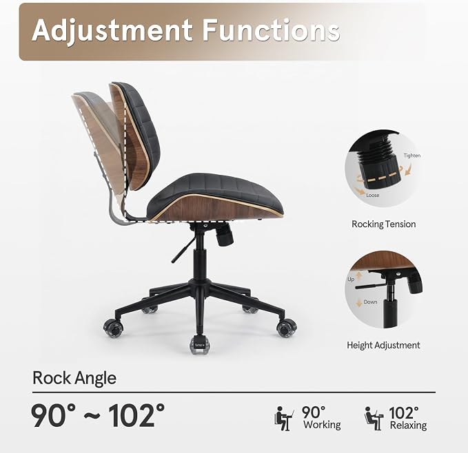 Sytopia Small Desk Chair for Home Office, Adjustable Height Swivel Armless Office Chair No Arms, Mid Century Modern Chair with Wheels, Walnut Wooden Sturdy Furniture, Easy Assembly, Vintage Black