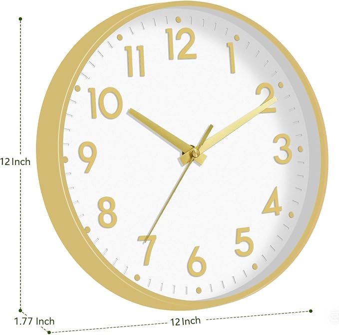 Mosewa Wall Clock 12 Inch, Battery Operated Silent Non-Ticking Modern Analog Clock Decorative for Kitchen, Bedroom, Office, Living Room(White Gold)