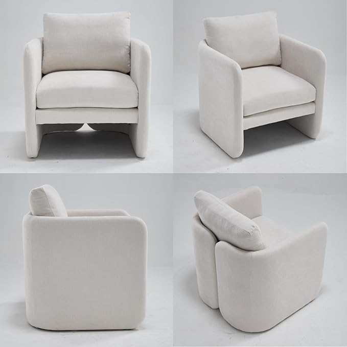 Modern Accent Barrel Chair, Single Sofa Chair with Removable Back Pillow, Comfy Chenille Upholstered Reading Accent Chair Lounge Armchair for Bedroom Living Room, Beige