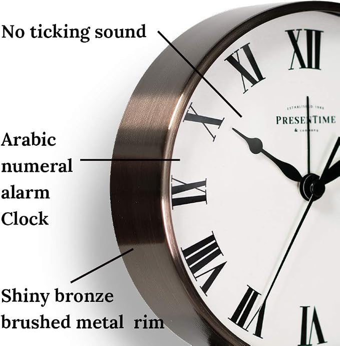 Presentime & Co Lewis Mantel Alarm Clock, Desk and Shelf Clock, Tabletop Decoration, 5.5 x 5 inch, Silent no Ticking, Metal Base, Bronze Finish, Roman Numeral
