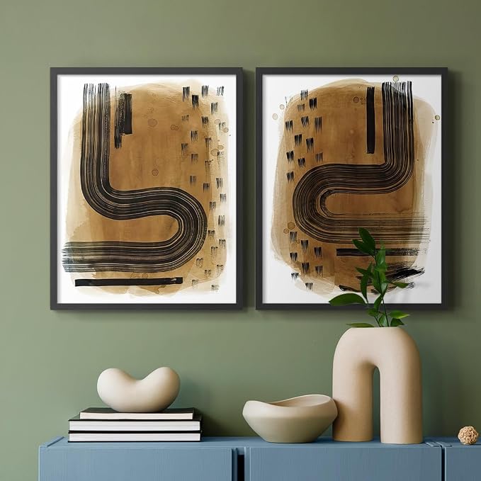 Renditions Gallery Set of 2 Peel & Stick Framed Prints, Abstract Wall Art, Hand Drawn Ink Curves Wall Decor, Re-Stickable - Ready to Hang - 22"x28" - Black Frame LT588