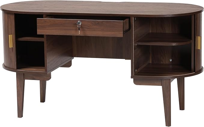 Baxton Studio Hayes Wood Writing Desk - Mid-Century Modern Oval Desk with Locking Drawer and Sliding Tambour Doors for Office or Home