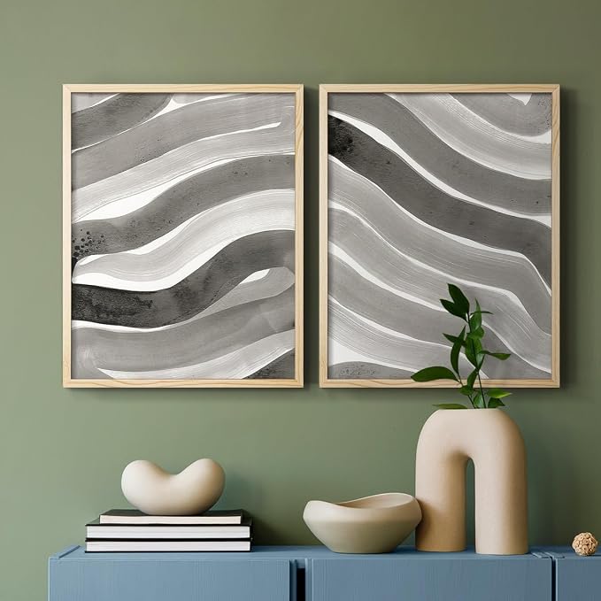 Renditions Gallery Set of 2 Peel & Stick Framed Prints, Watercolor Abstract Wall Art, Black and White Bold Brushstrokes Wall Decor, Re-Stickable - Ready to Hang - 11"x14" - NATURAL WOOD Frame LT588