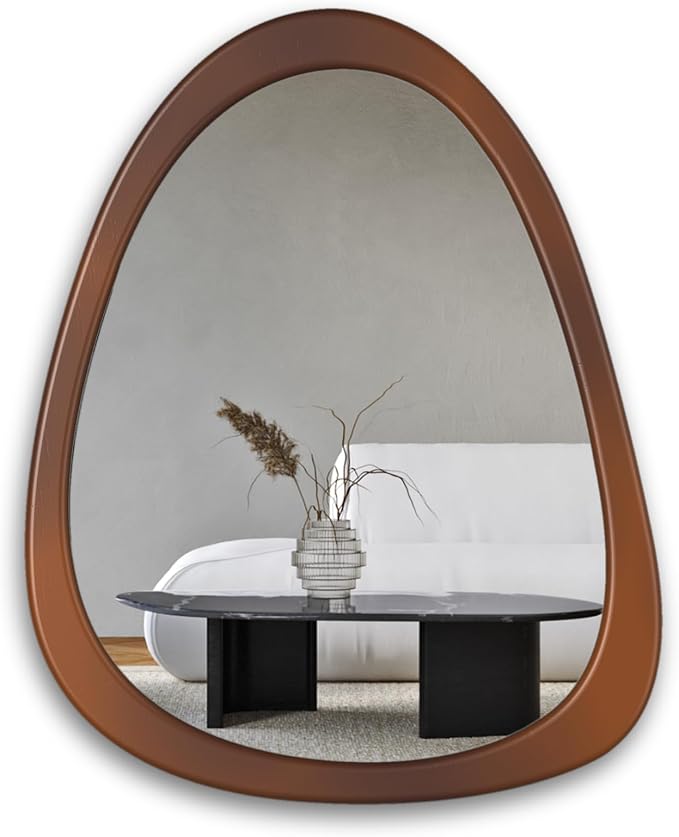 28"x 22" Irregular Wall Mirror, Wood Frame Asymmetrical Decorative Wall Wooden Mirror for Living Room Bedroom Entryway Bathroom Mid Century Home Decor Cherry Brown