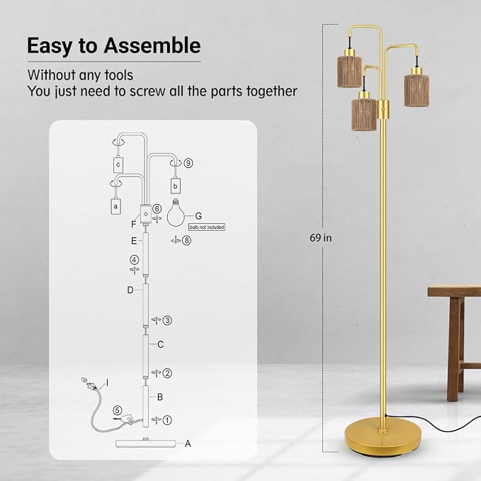 BoostArea Industrial Floor Lamp for Living Room,Gold Modern Standing Lamp Stand Up Lamp with 3 Light, Bulbs Not Included,Simple Design Floor Lamp for Bedroom, Living Room, Office, Kids Room, Reading