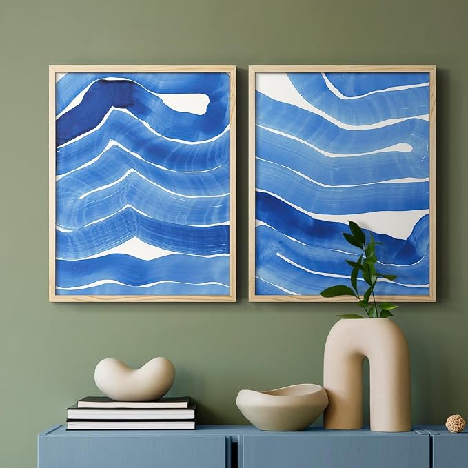 Renditions Gallery Set of 2 Peel & Stick Framed Prints, Watercolor Abstract Wall Art, Bold Brushstrokes in Shades of Blue Wall Decor, Re-Stickable - Ready to Hang - 8"x10" - NATURAL WOOD Frame LT588
