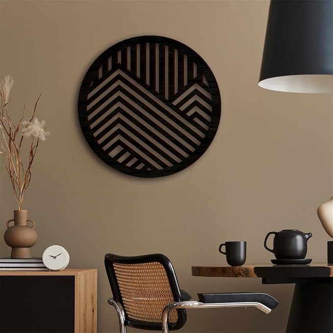 Geometric Wood Wall Art Decor, Modern Vintage Mountain Wall Sculptures Hanging Abstract Panels Decor, 3D Round Hollow Wooden Craft Art Boho Wall Decoration, for Home Office Living Room Bedroom (Black)