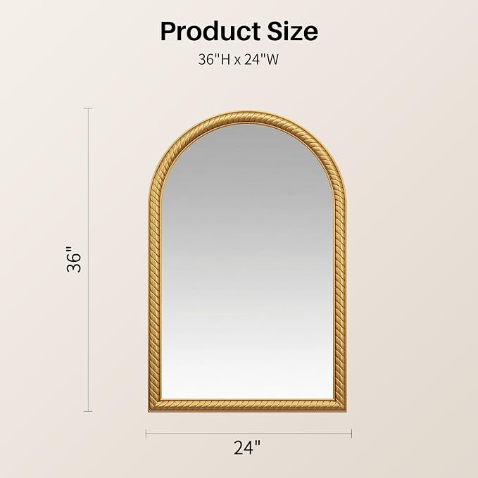 Gold Arched Wall Decor Mirror - 24"X36" Large Vintage Rope-Like Metal Framed Decorative Mounted Mirror for Wall Decor, Vanity Mirrors for Bathroom, Living Room, Bedroom, Fireplace