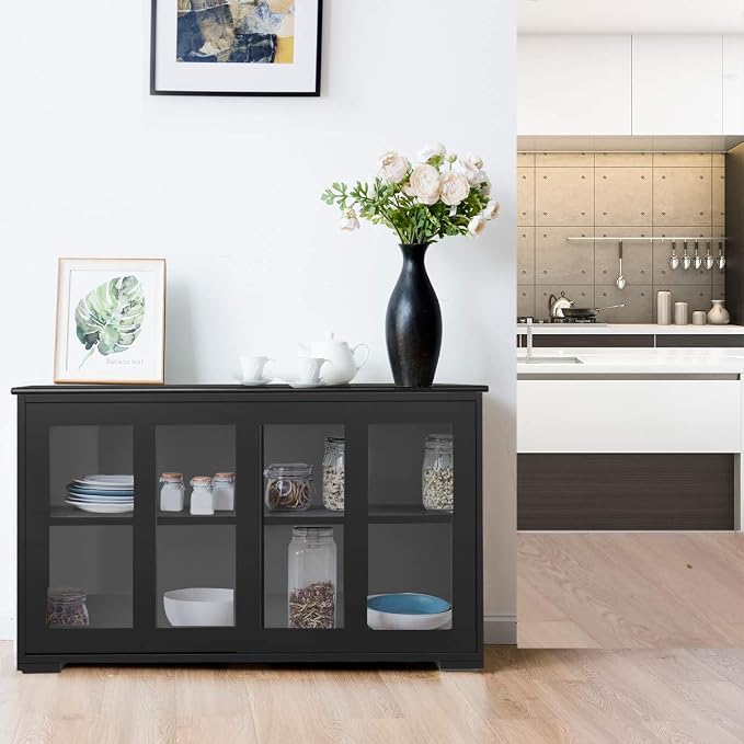 Giantex Buffet Sideboard, Wood Credenza with Sliding Doors, Storage Cabinet with Adjustable Shelf, Modern Console Table, Kitchen Cupboard, Buffet Pantry, Living Room Dining Room Furniture (Black)